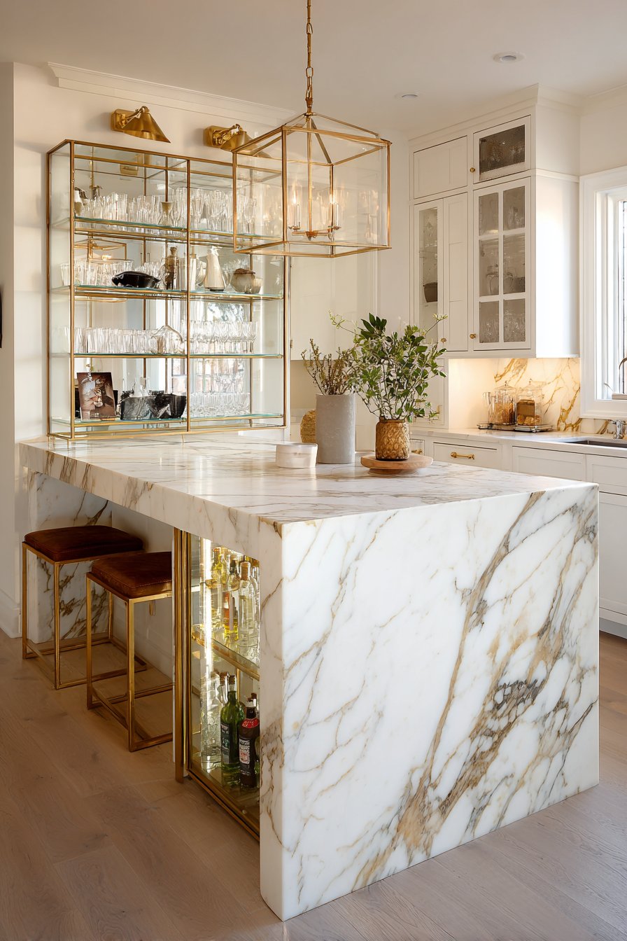 Gold Marble Waterfall Island Kitchen