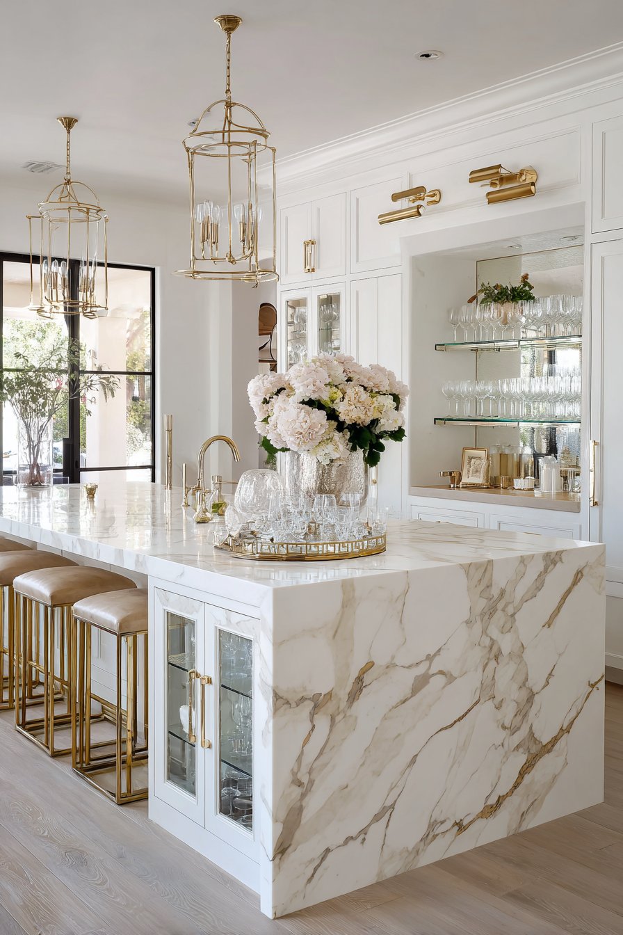 Gold Marble Waterfall Island Kitchen