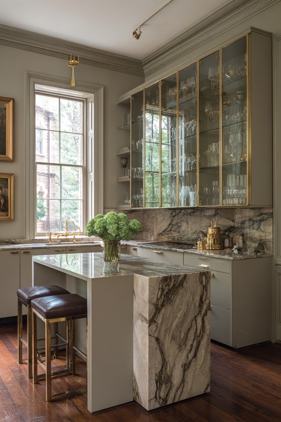 Gold Marble Waterfall Island Kitchen