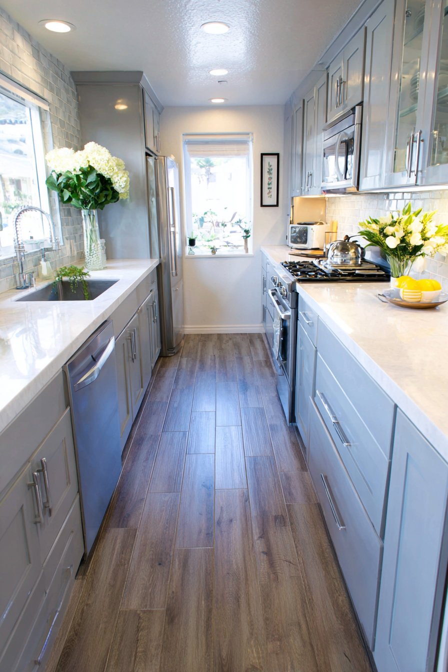 Efficient Grey and White Galley Kitchen