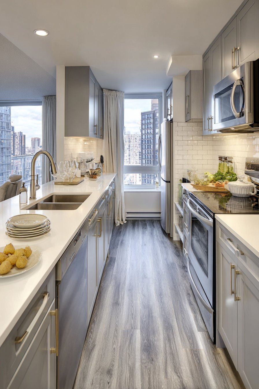 Efficient Grey and White Galley Kitchen