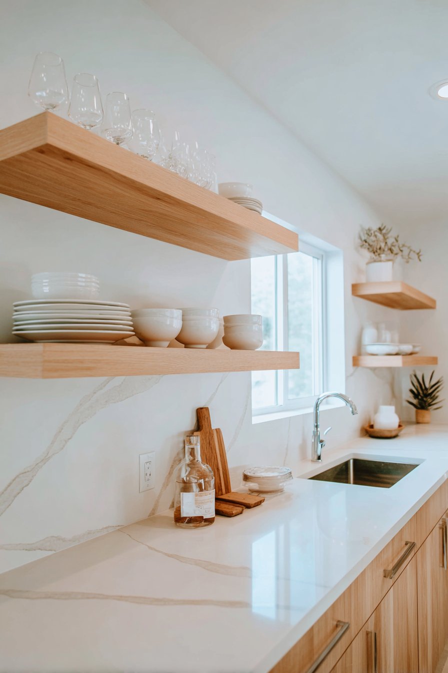 Floating Oak Shelves with Organized Display