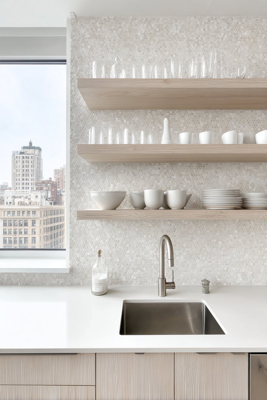Floating Oak Shelves with Organized Display