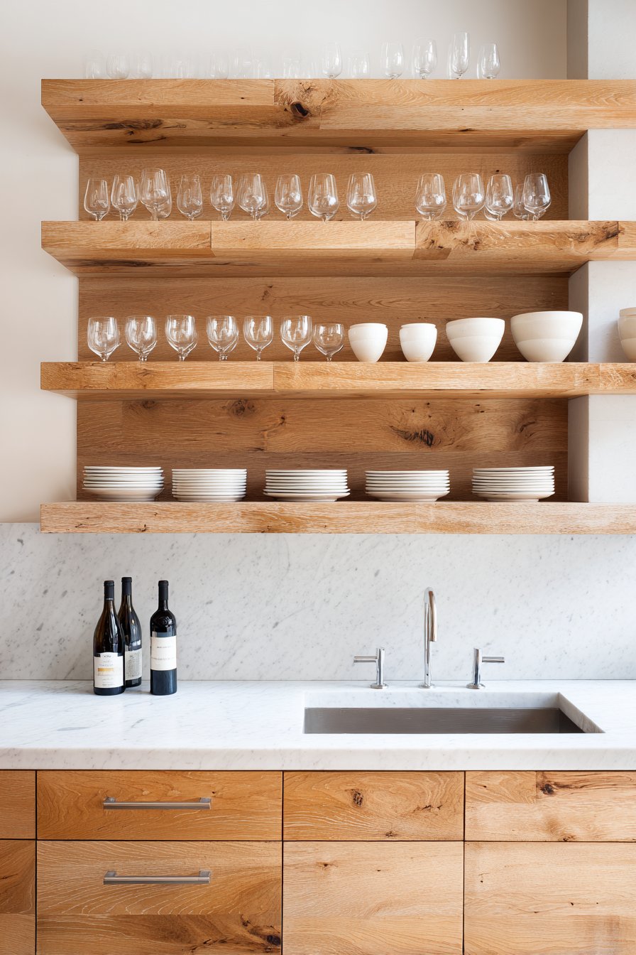 Floating Oak Shelves with Organized Display