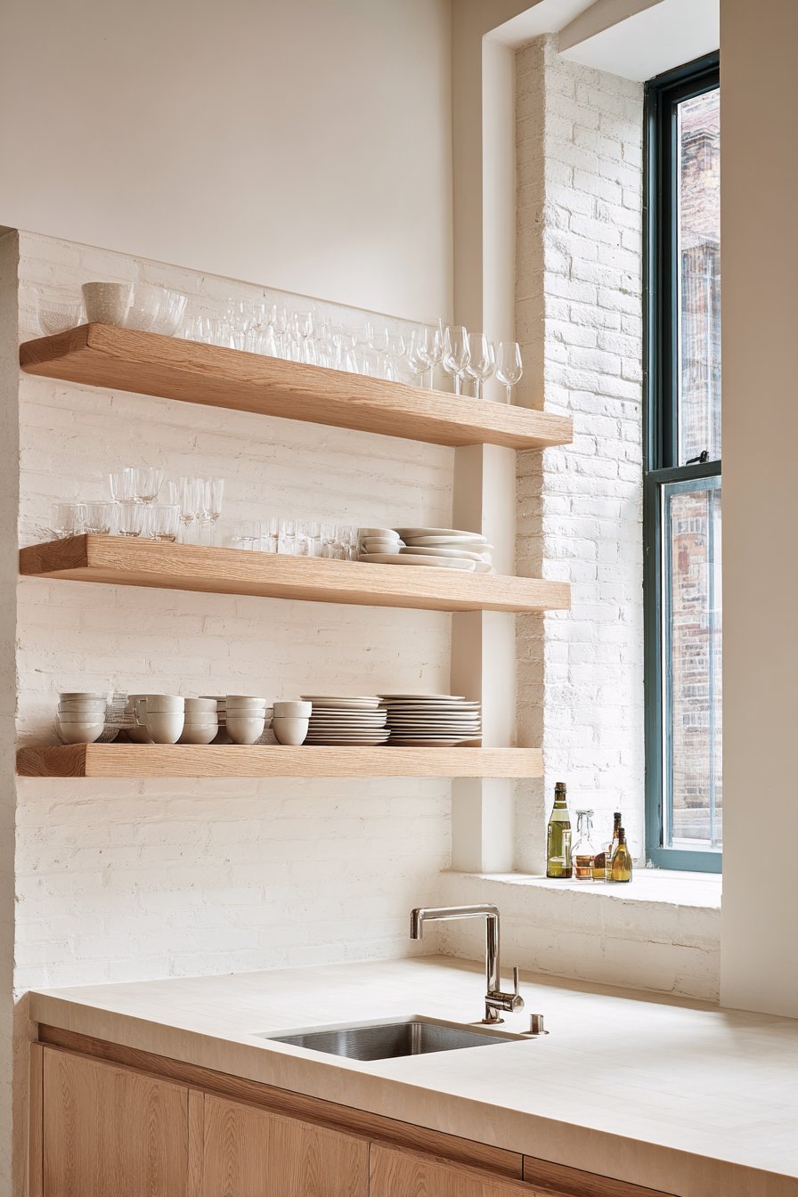 Floating Oak Shelves with Organized Display