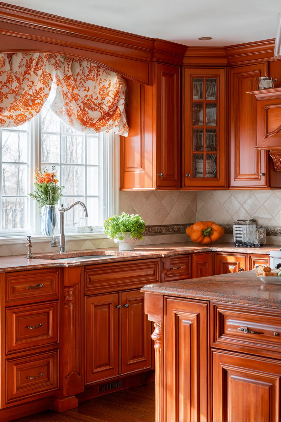 Traditional Orange Cherry Wood Kitchen