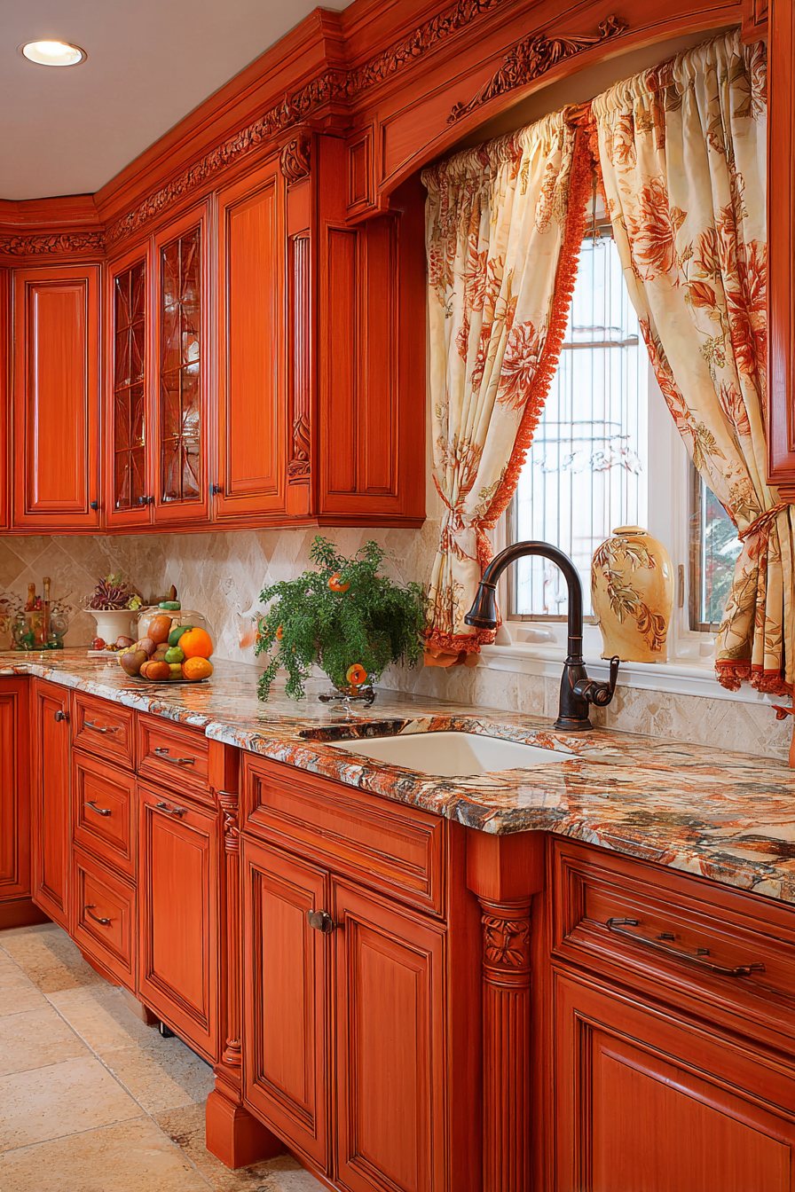 Traditional Orange Cherry Wood Kitchen
