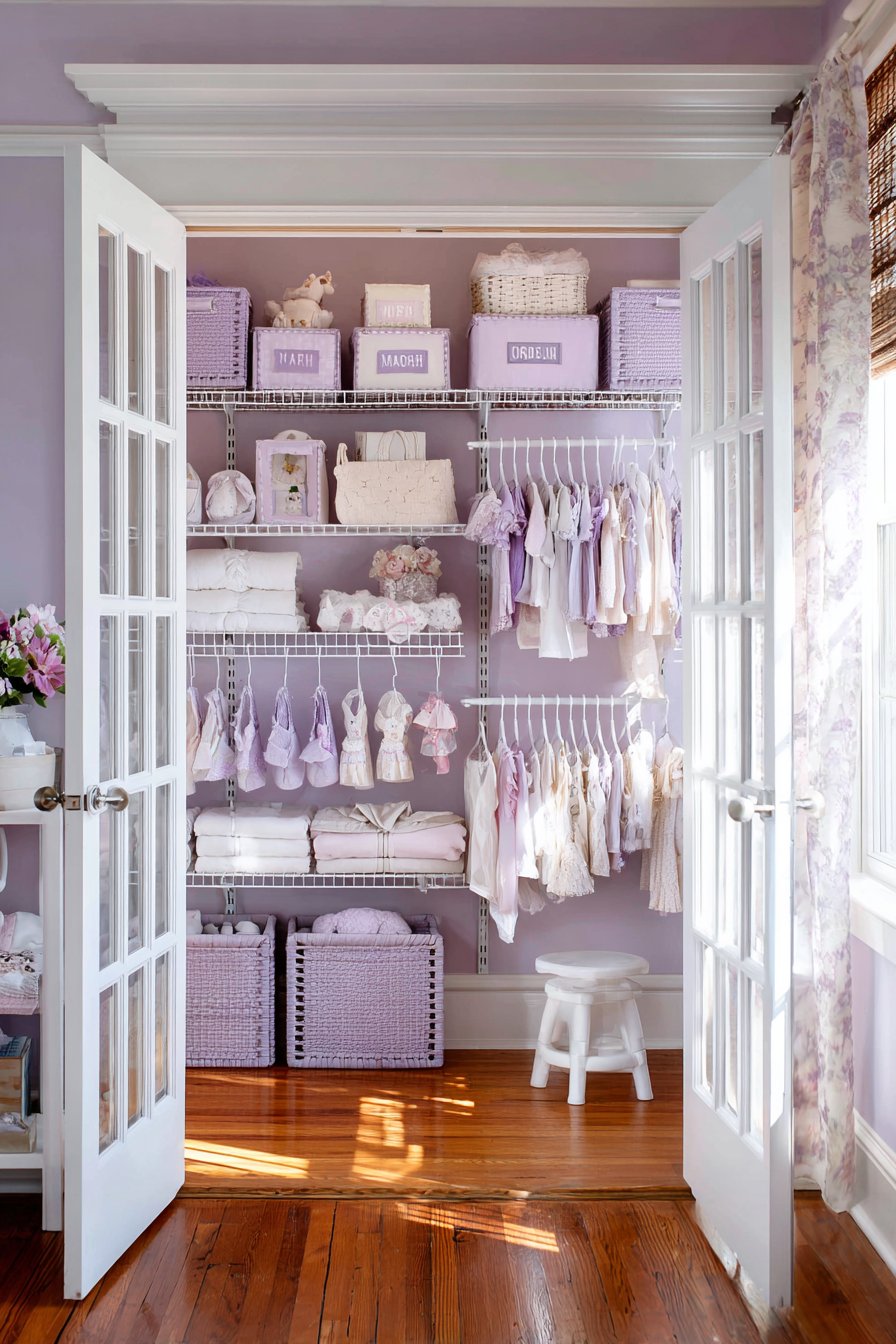 Organized Closet System with Purple Accents