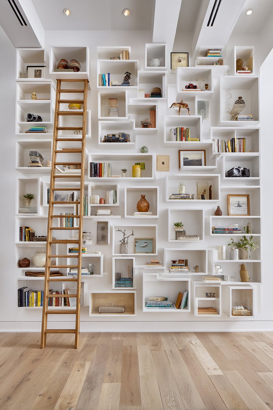 Asymmetrical White Shelving with Color-Organized Books