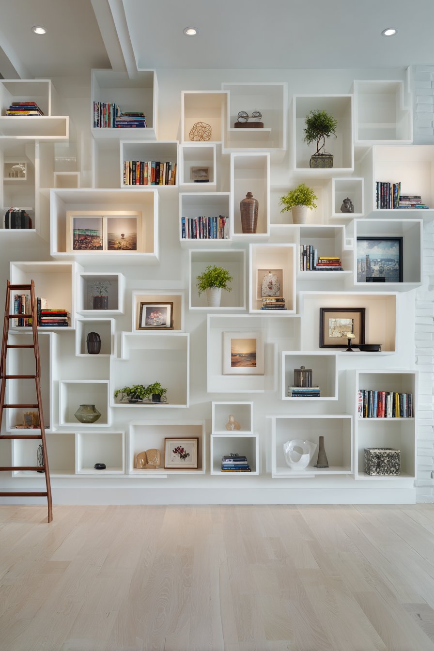 Asymmetrical White Shelving with Color-Organized Books