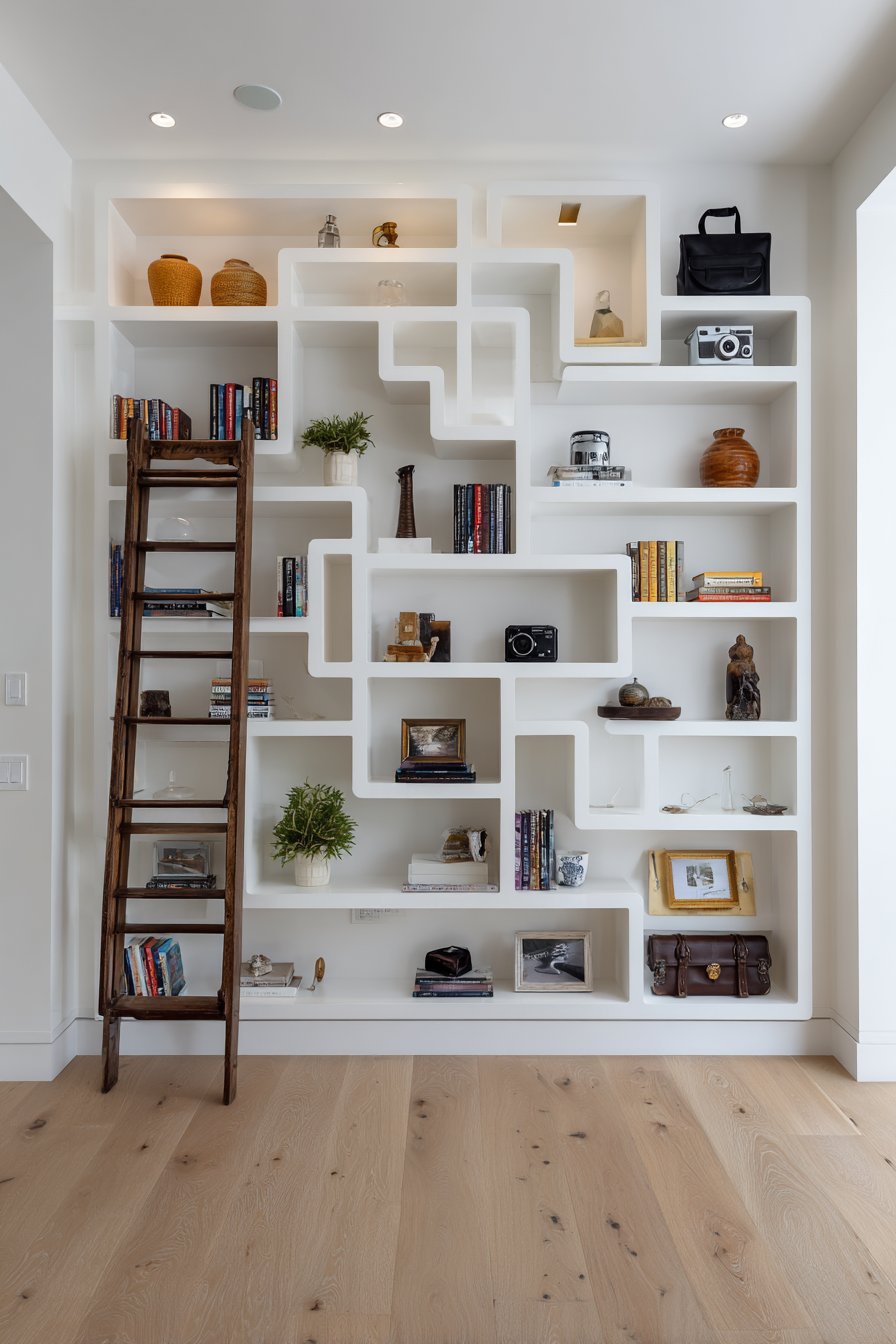 Asymmetrical White Shelving with Color-Organized Books