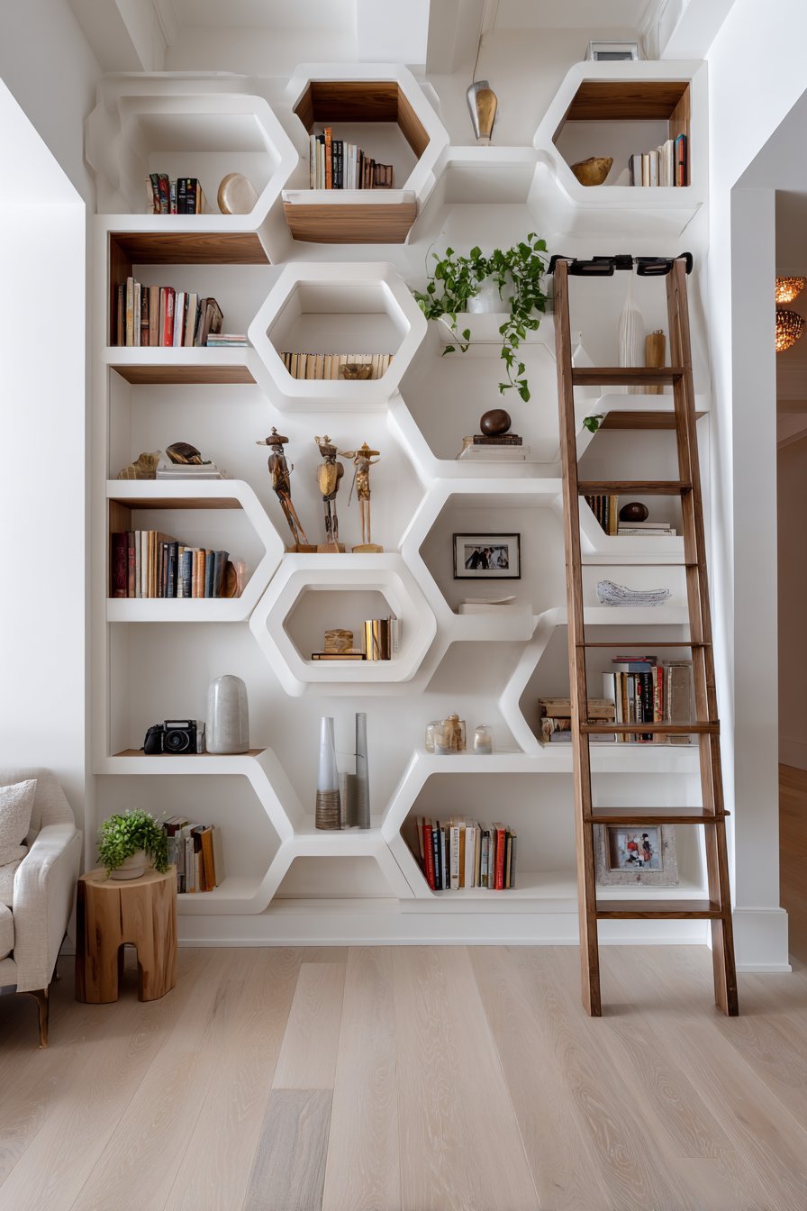 Asymmetrical White Shelving with Color-Organized Books