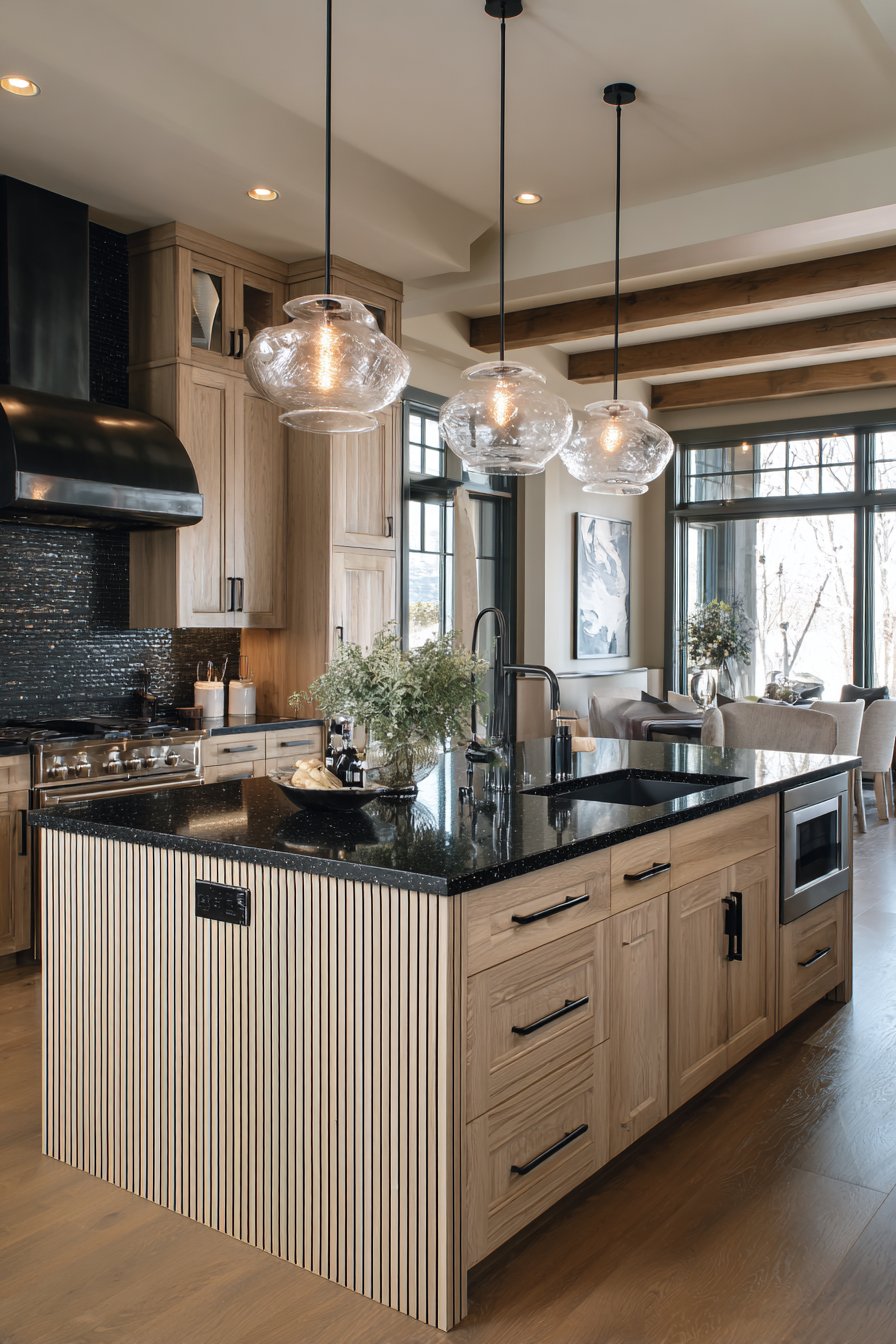 Black Granite Island with Oak Slats