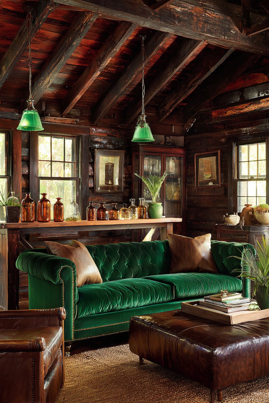 Kelly Green Velvet with Warm Brown Shiplap