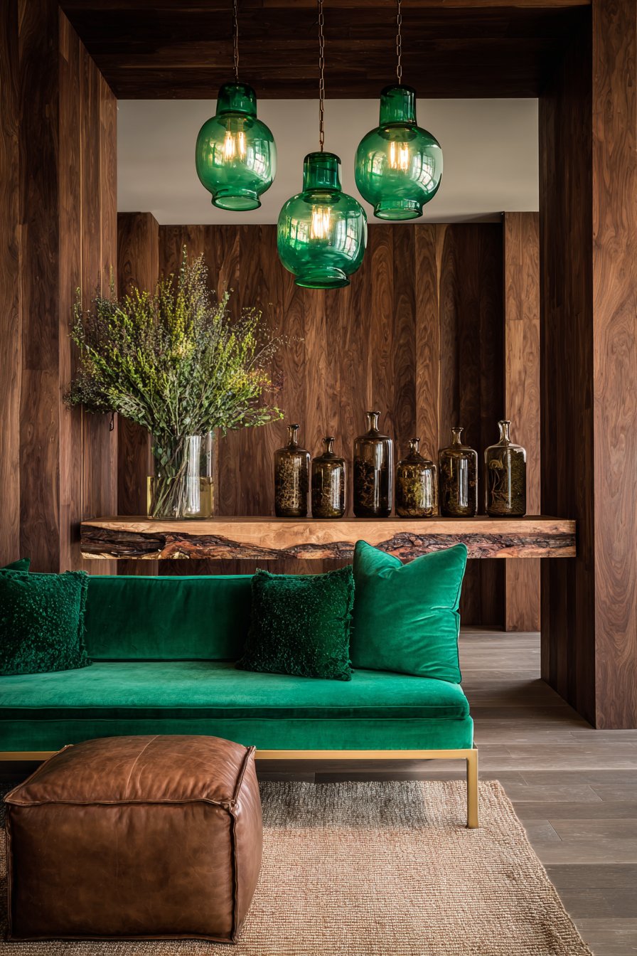 Kelly Green Velvet with Warm Brown Shiplap