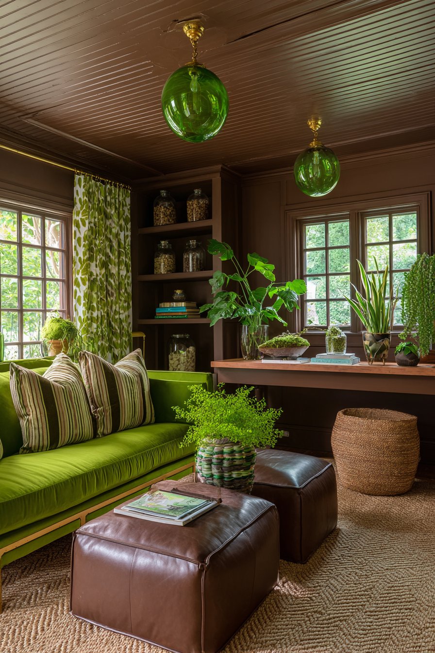 Kelly Green Velvet with Warm Brown Shiplap