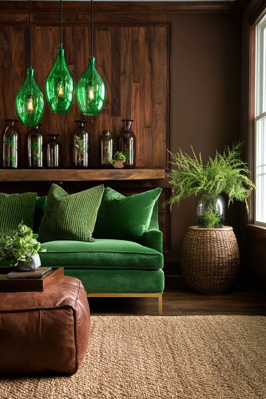 Kelly Green Velvet with Warm Brown Shiplap