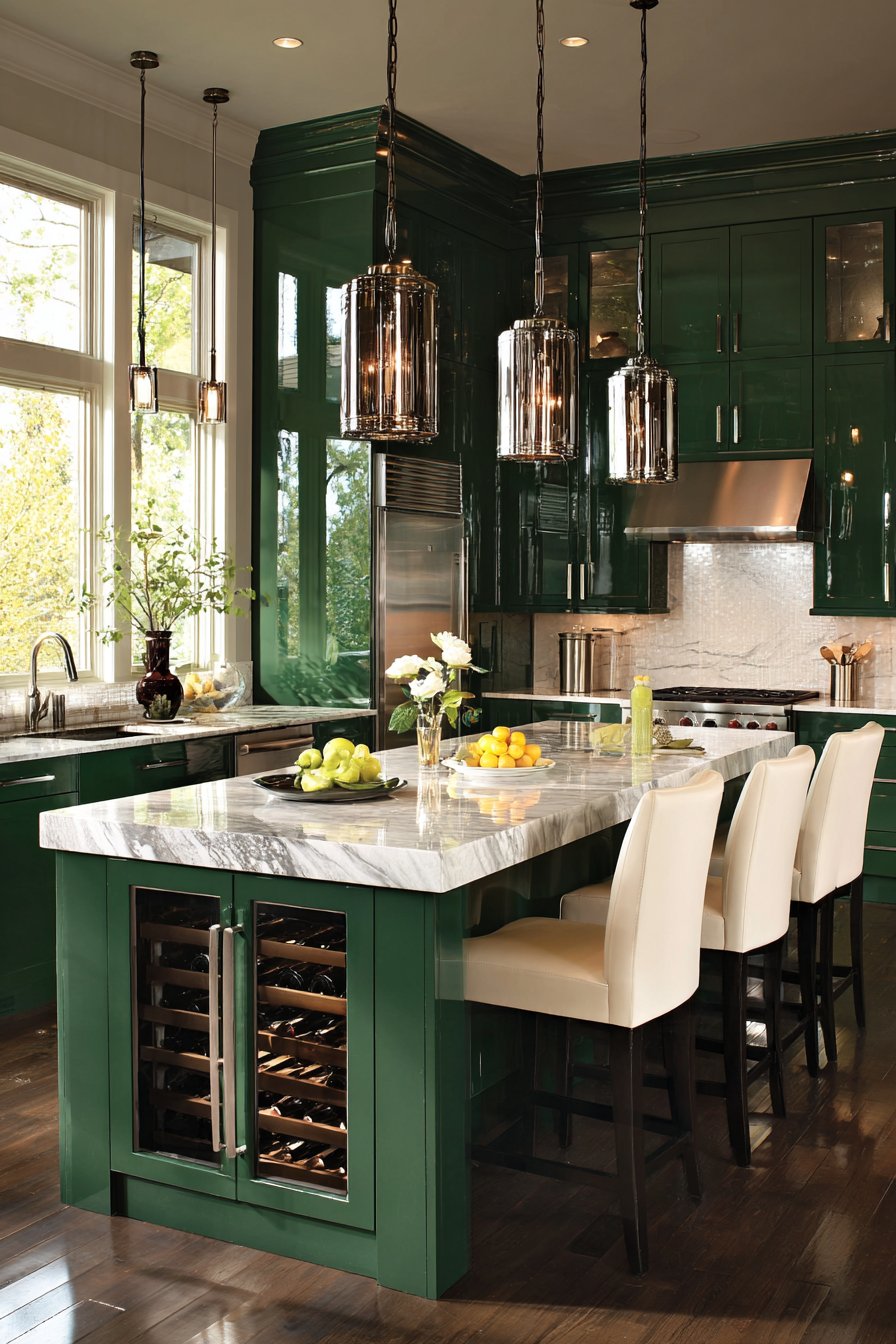 Dramatic Emerald with White Marble Waterfall Island