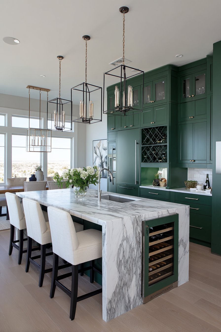 Dramatic Emerald with White Marble Waterfall Island