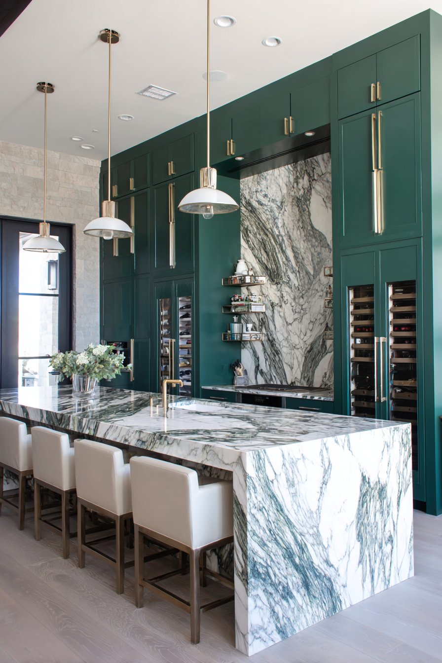 Dramatic Emerald with White Marble Waterfall Island