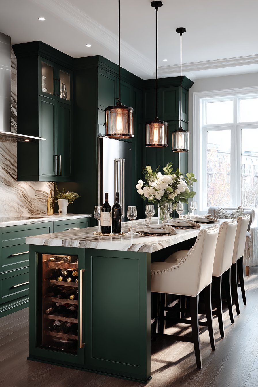 Dramatic Emerald with White Marble Waterfall Island