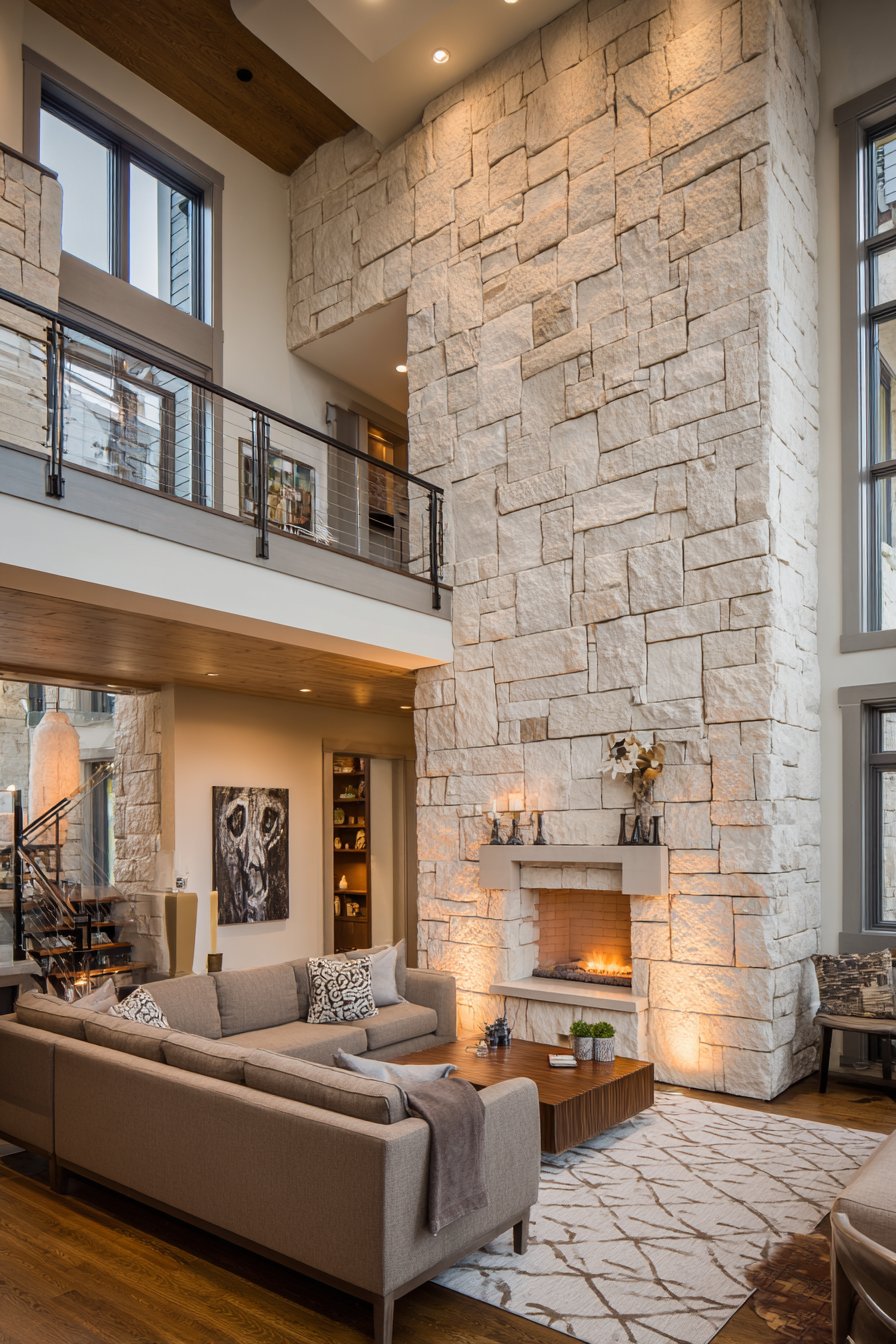 Double-Height Limestone Accent Wall