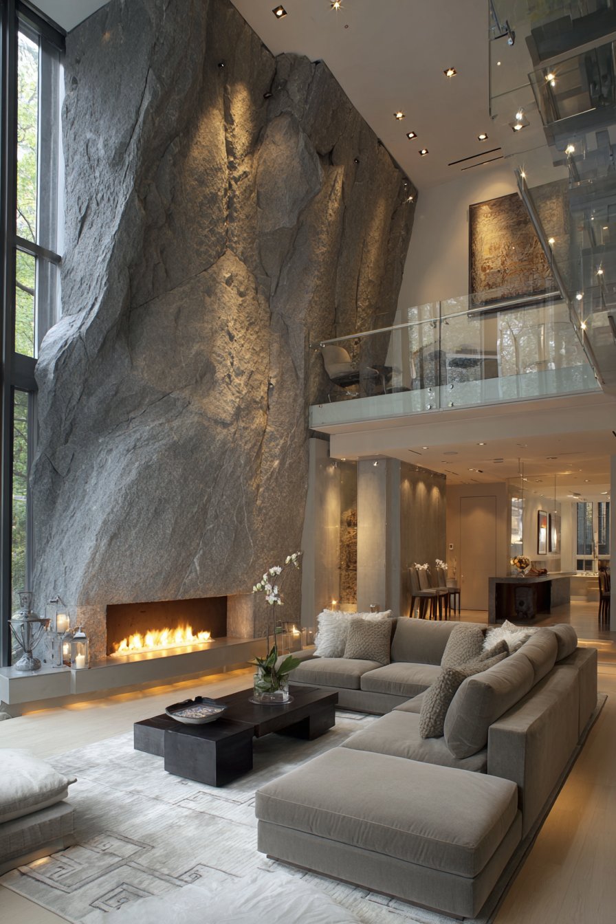 Double-Height Limestone Accent Wall