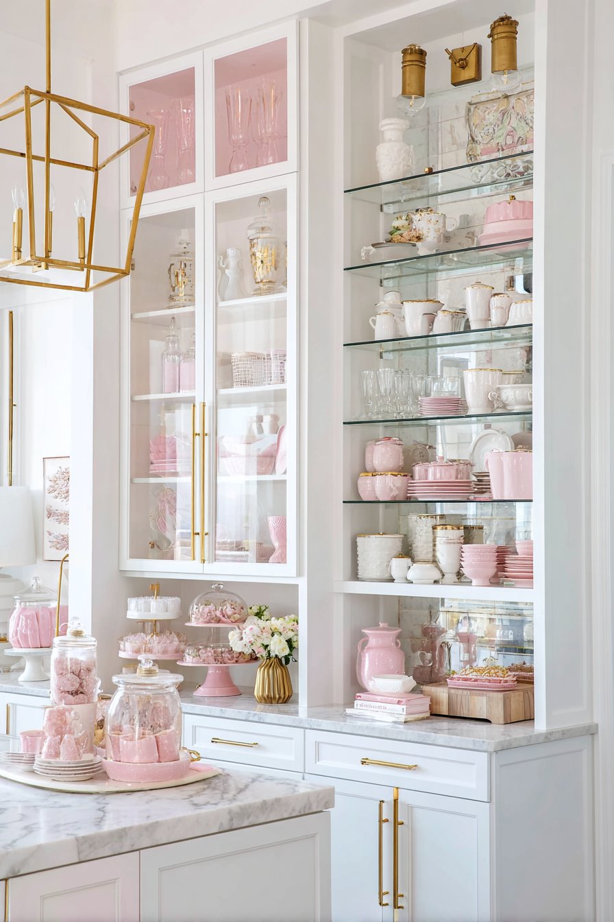 White Kitchen with Pink Cabinet Interiors
