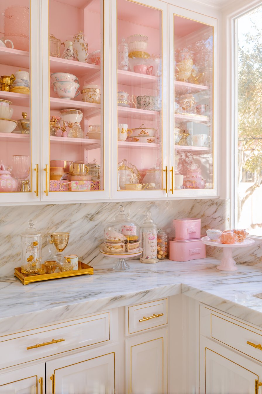 White Kitchen with Pink Cabinet Interiors