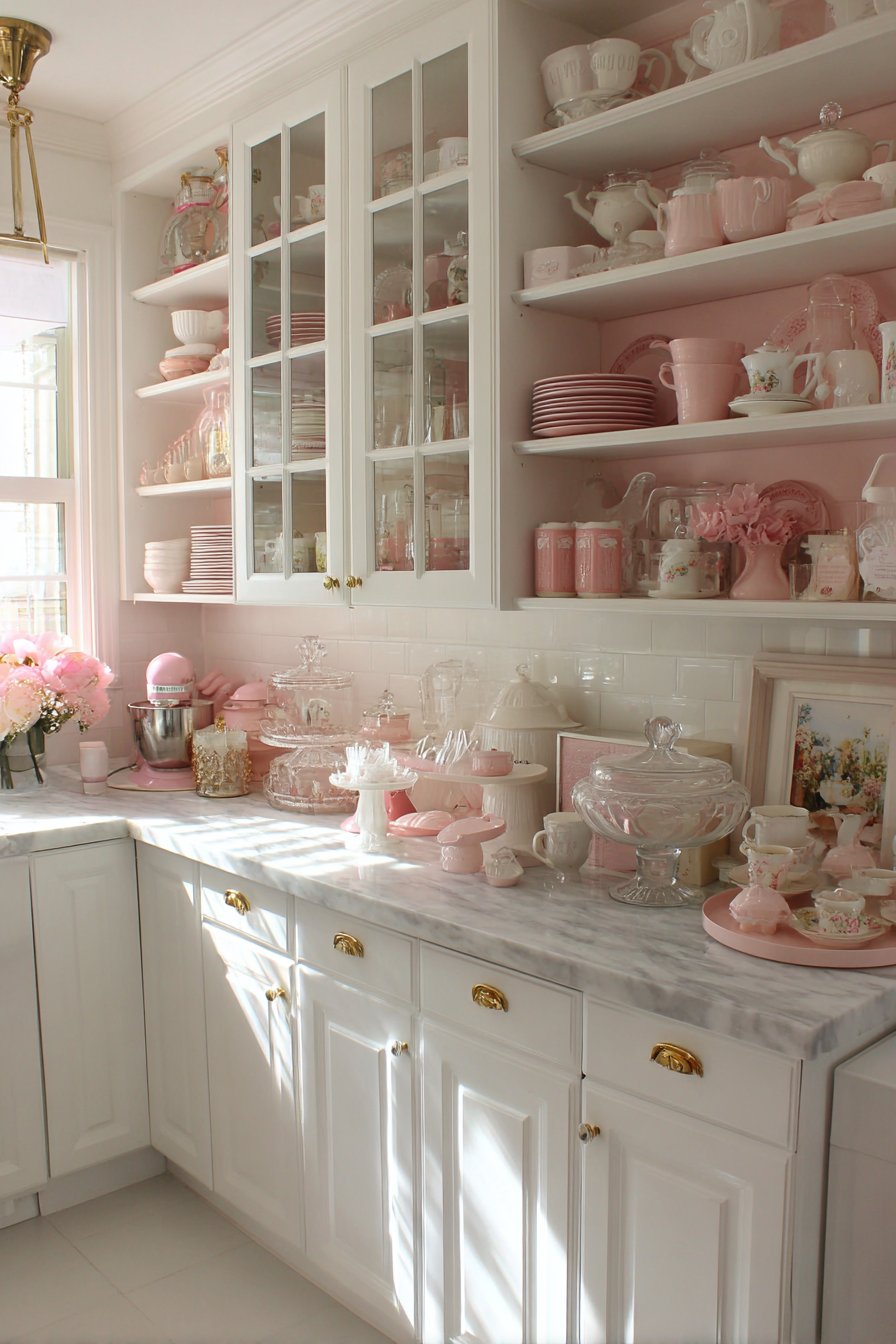 White Kitchen with Pink Cabinet Interiors