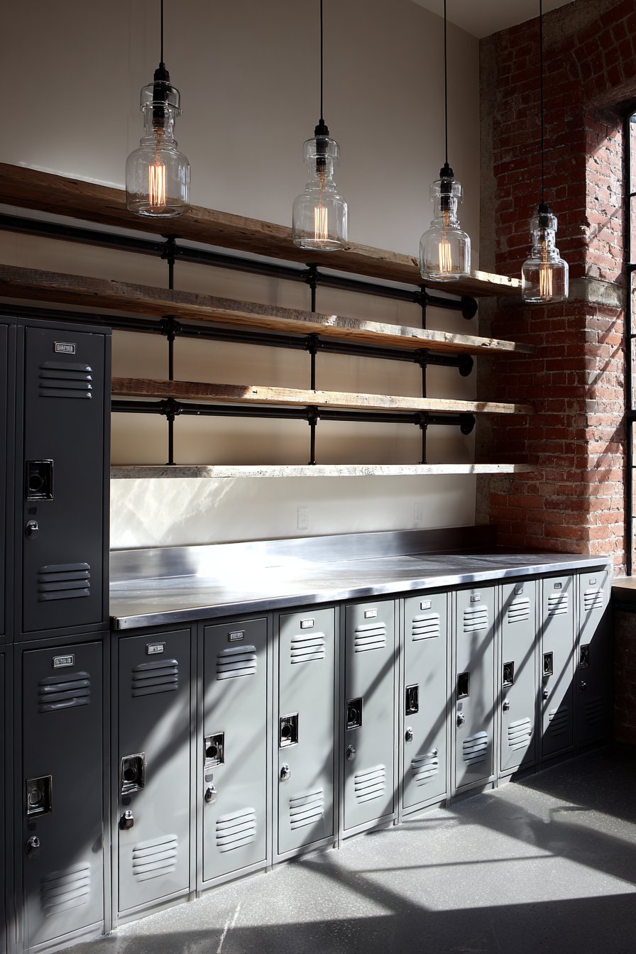 Industrial Metal Lockers with Pipe Shelving
