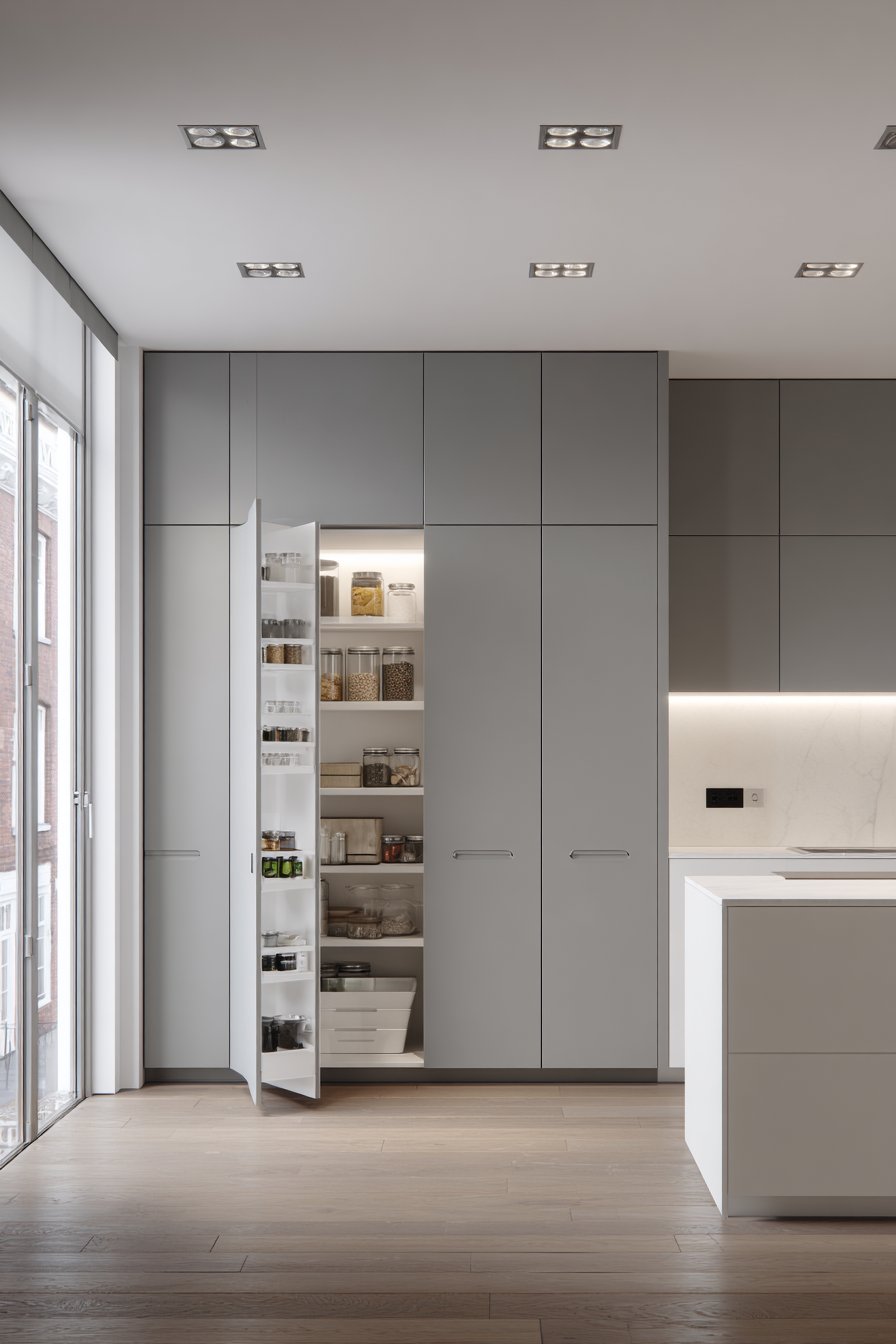 Concealed Pantry System with Touch-Latch Mechanisms