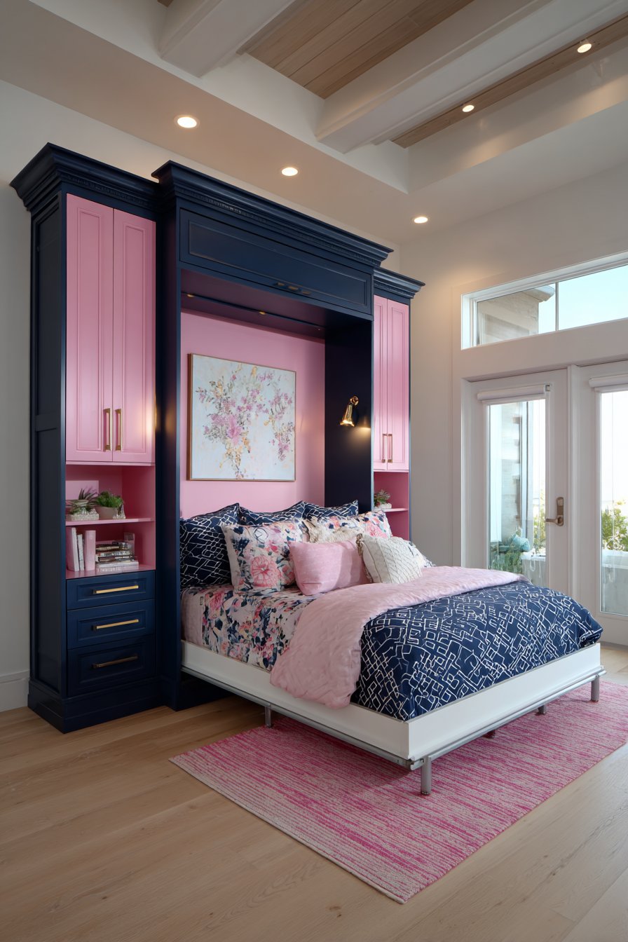 Soft Navy Linen Drapes with Pale Pink Walls