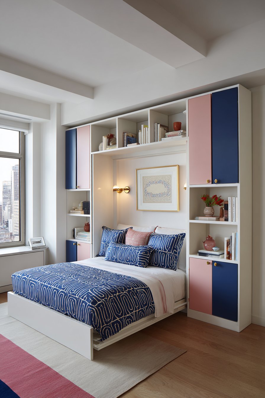 Soft Navy Linen Drapes with Pale Pink Walls