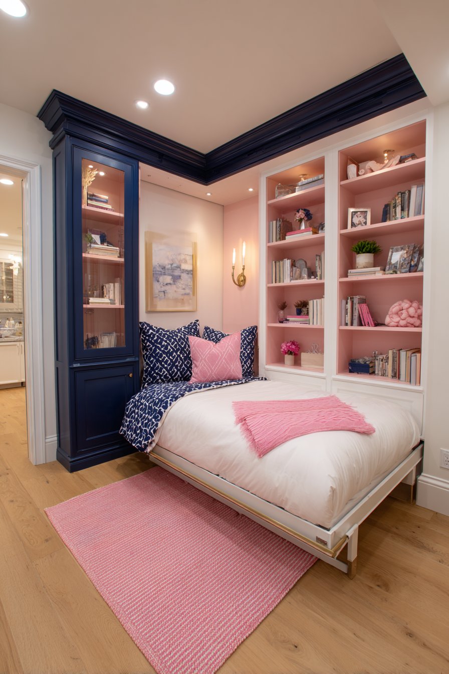 Soft Navy Linen Drapes with Pale Pink Walls