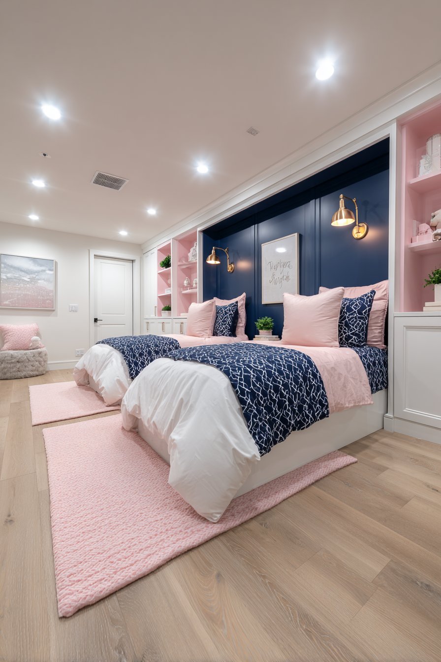 Soft Navy Linen Drapes with Pale Pink Walls