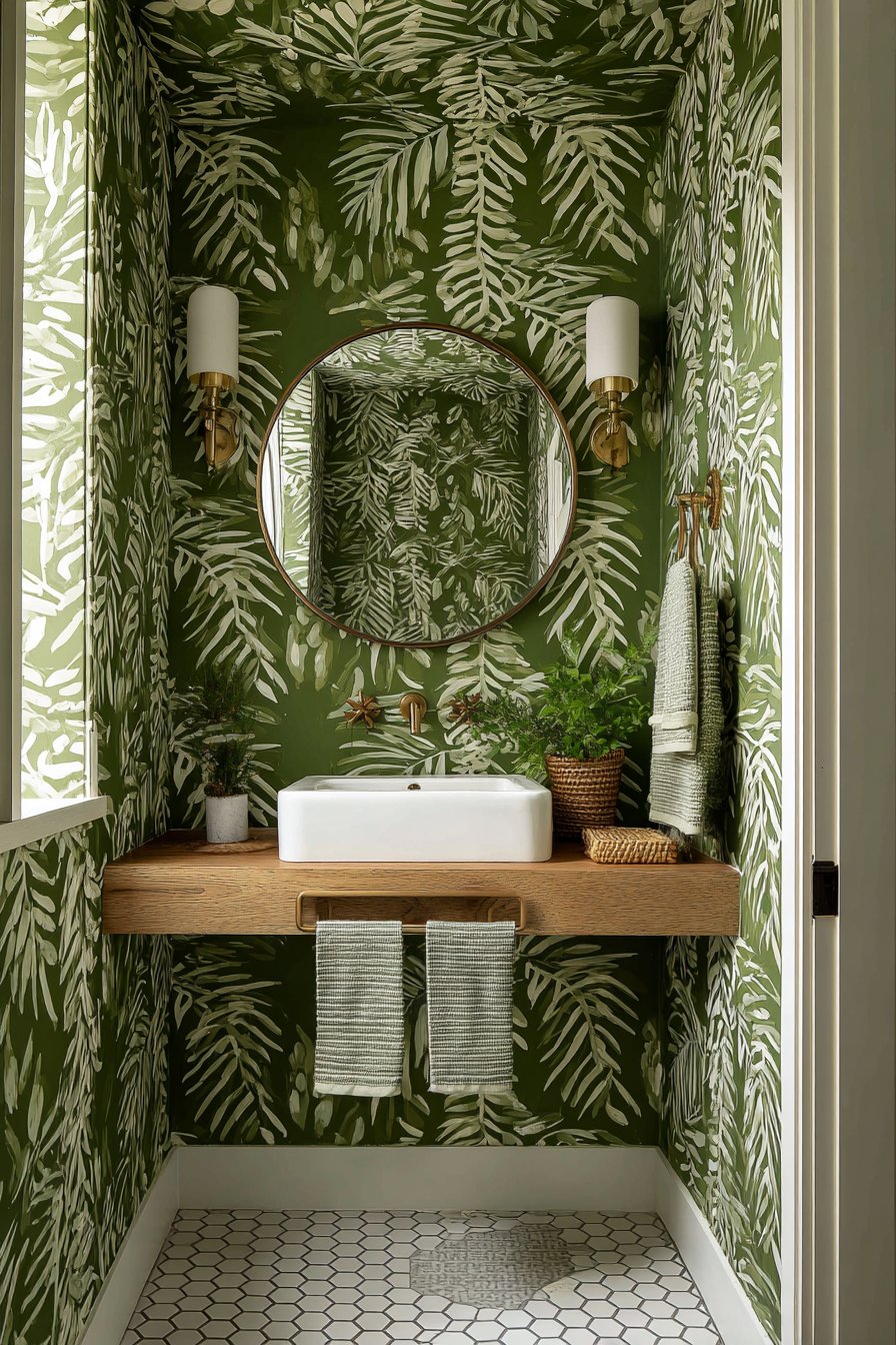 Stylish Powder Room with Botanical Wallpaper