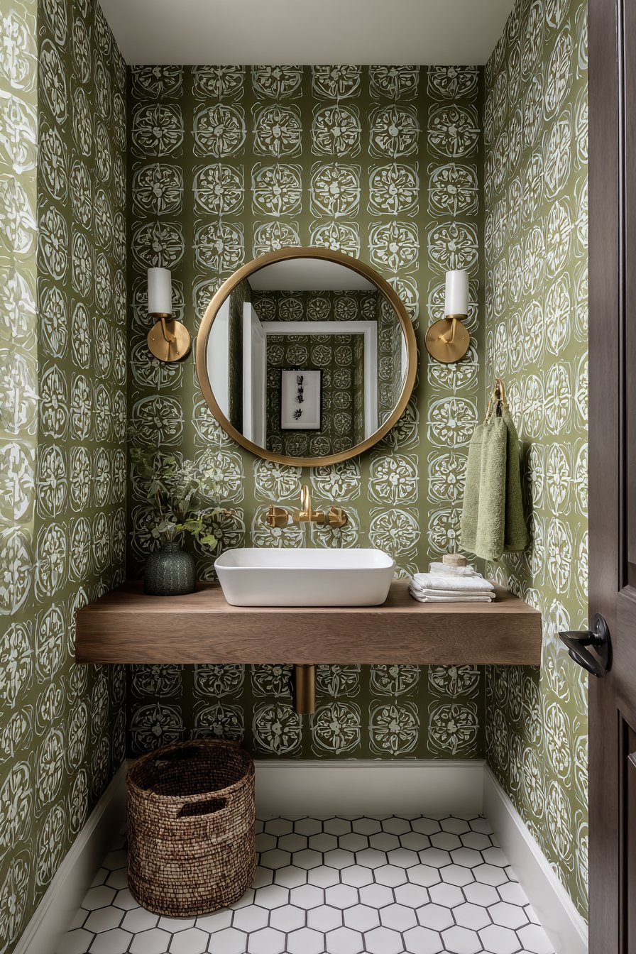 Stylish Powder Room with Botanical Wallpaper