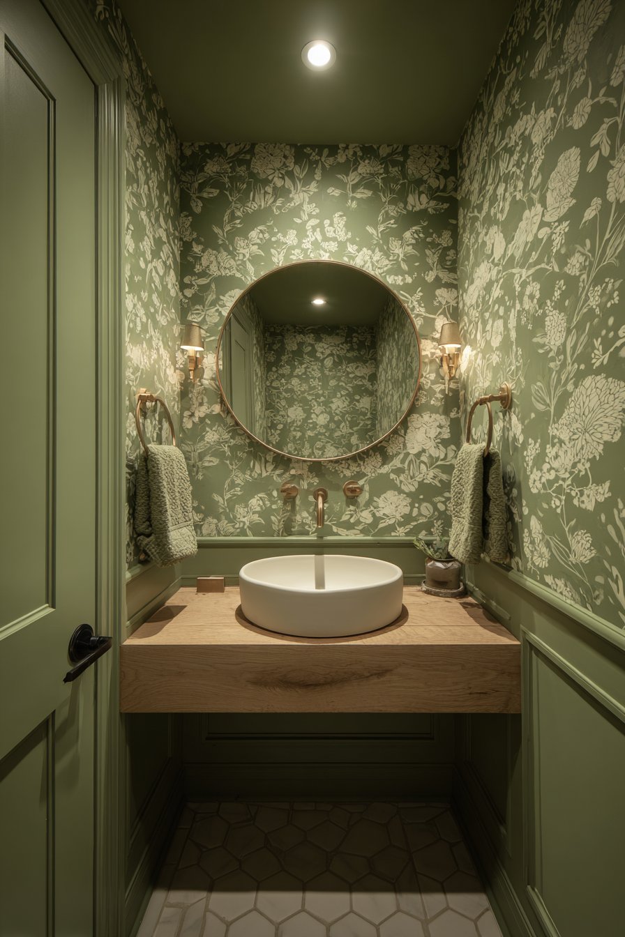 Stylish Powder Room with Botanical Wallpaper