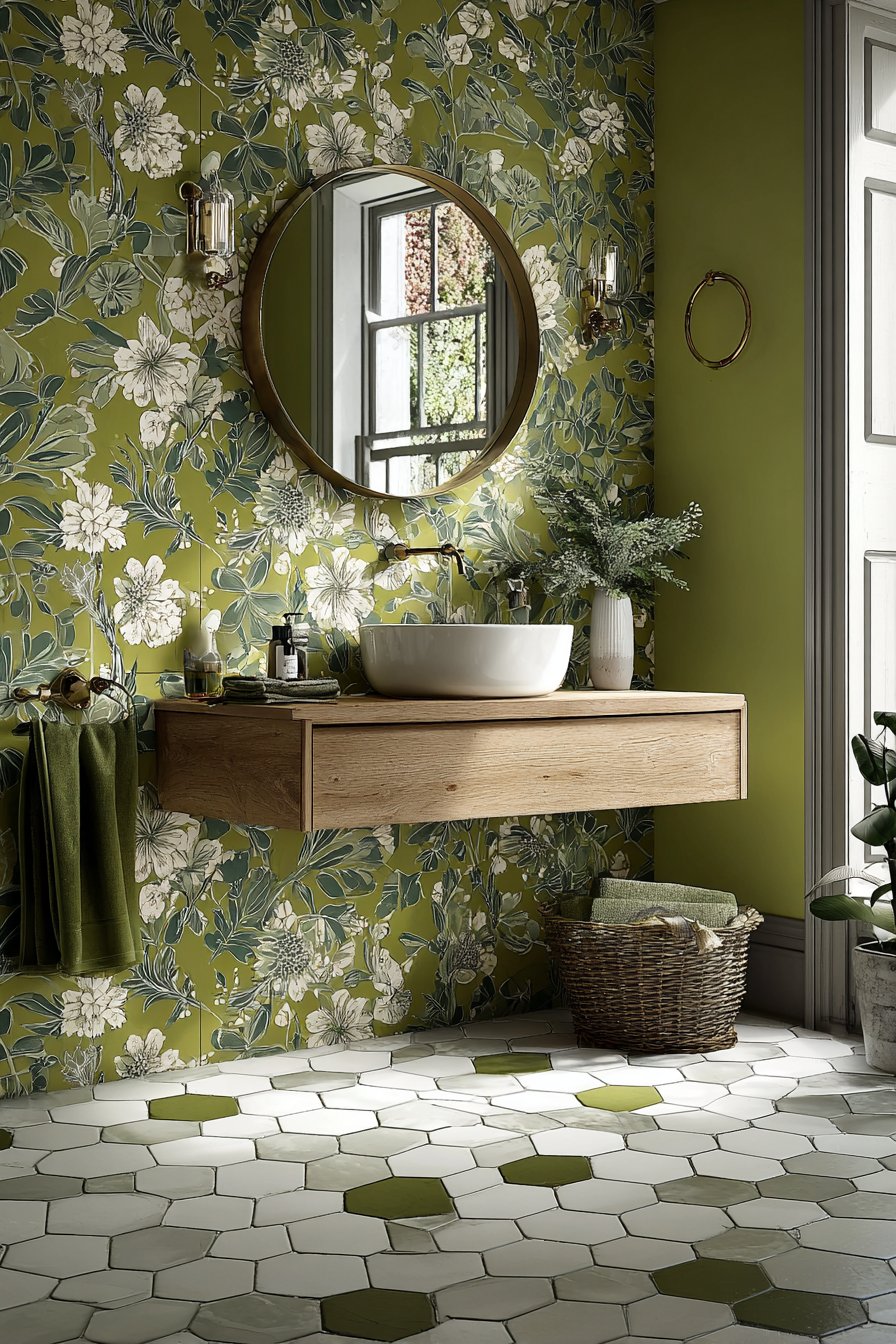 Stylish Powder Room with Botanical Wallpaper