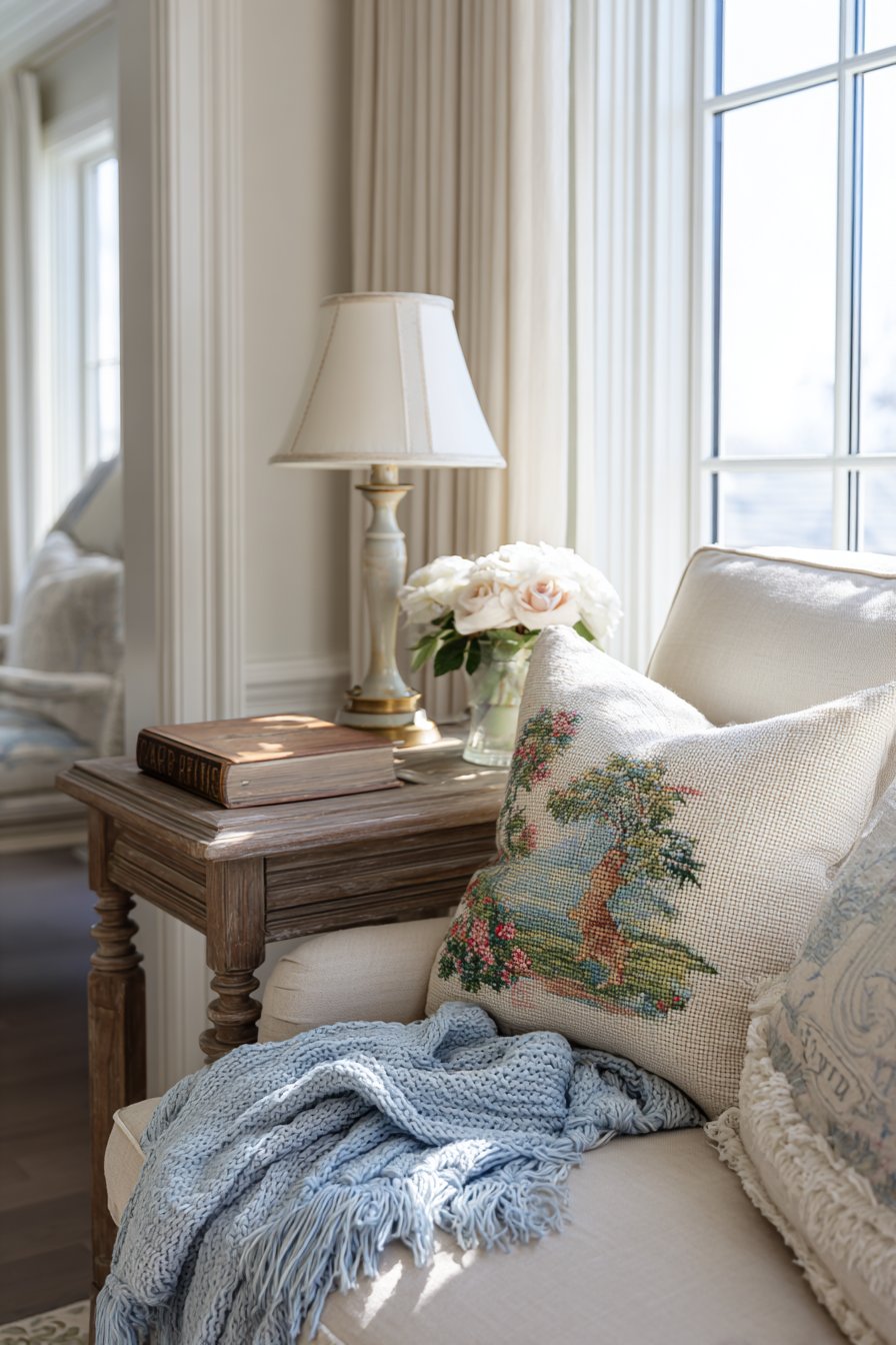 Comfortable Glider with Needlepoint Accent Pillow