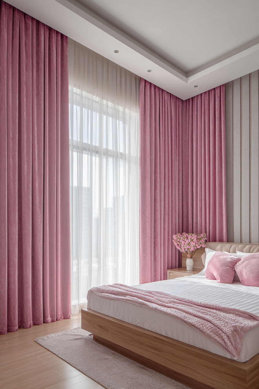 Dramatic Floor-to-Ceiling Pink Velvet Curtains