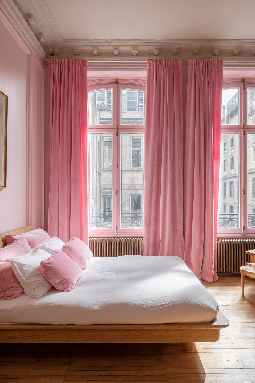 Dramatic Floor-to-Ceiling Pink Velvet Curtains