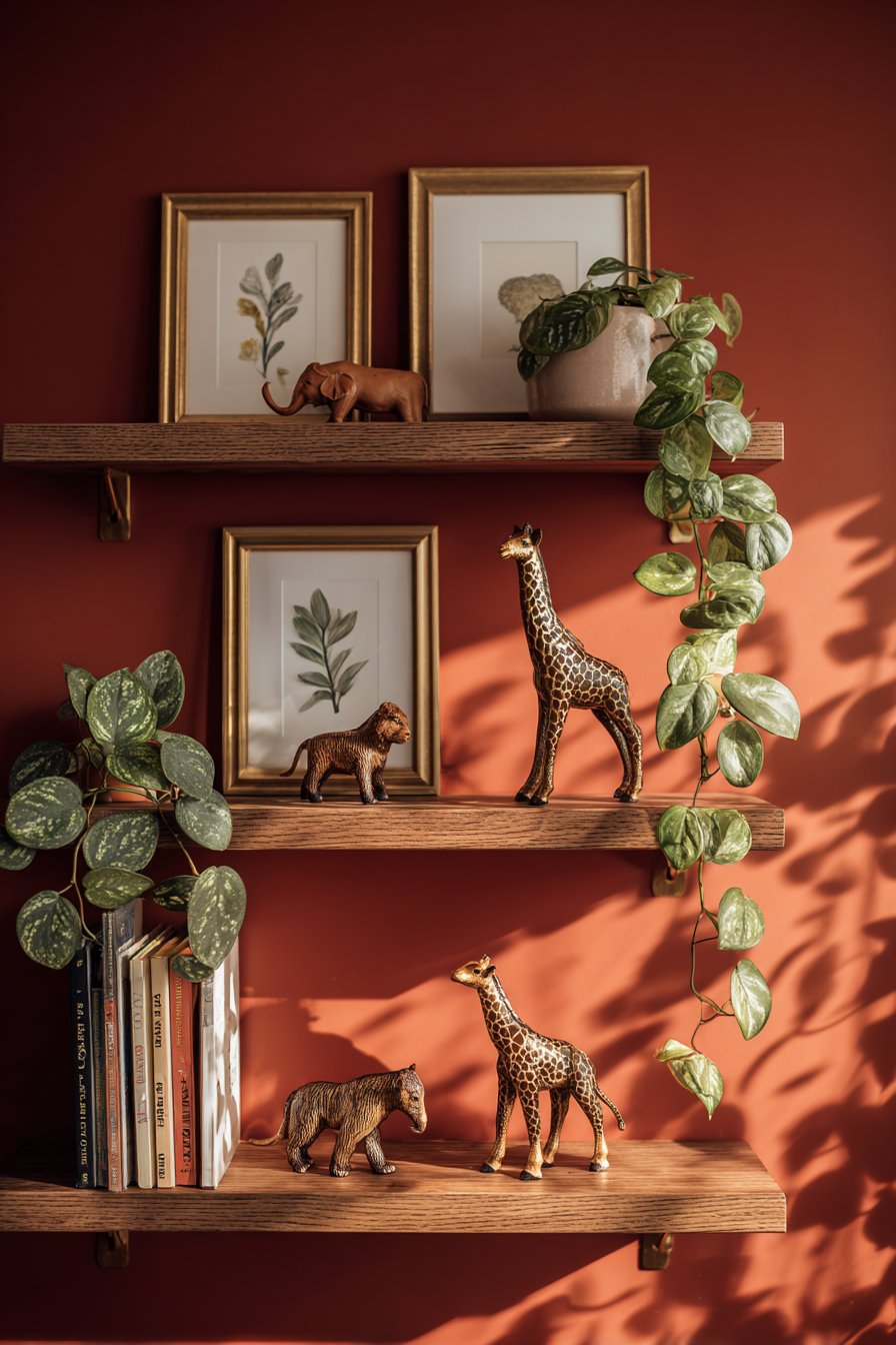 Terracotta Accent Wall with Floating Shelves