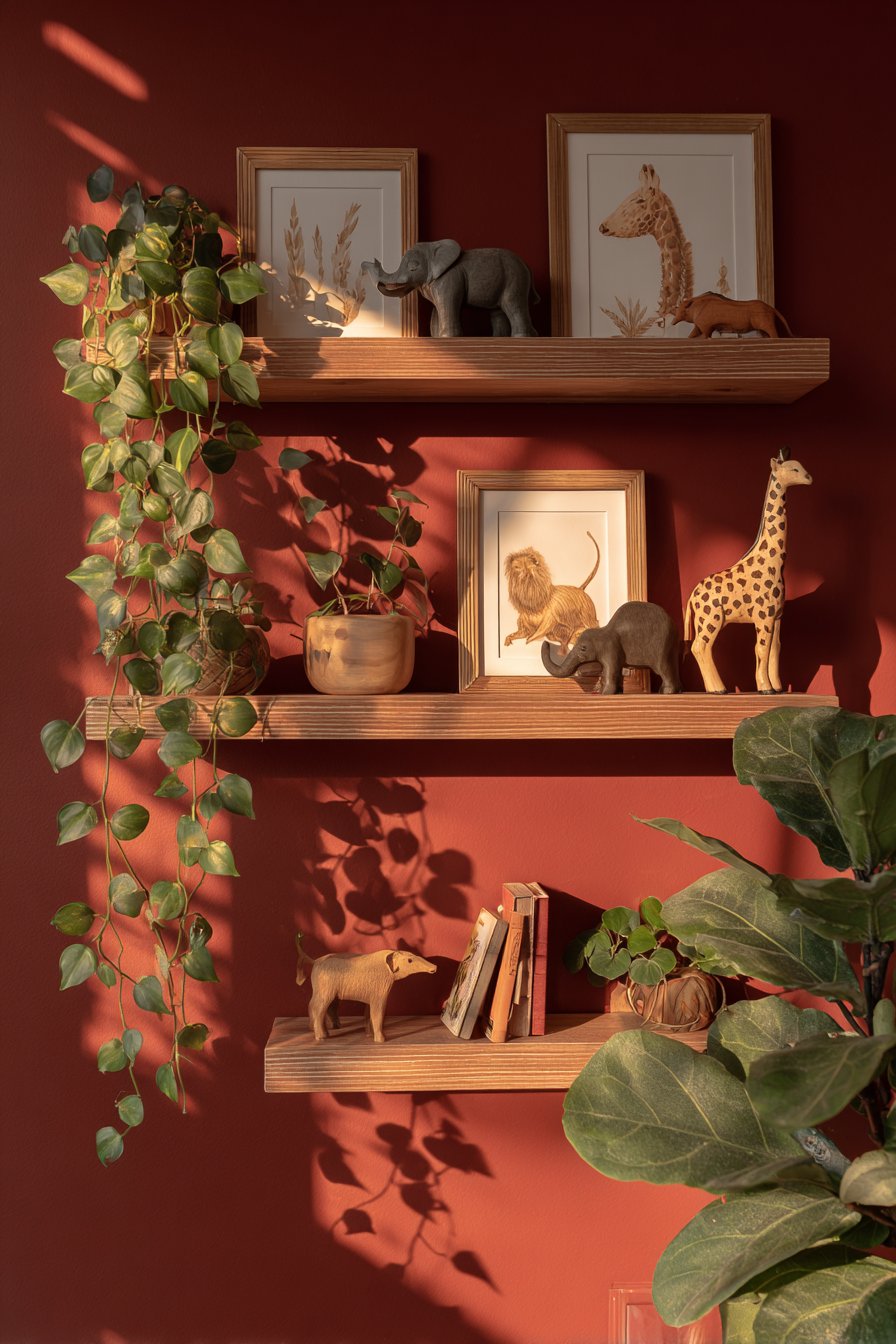 Terracotta Accent Wall with Floating Shelves
