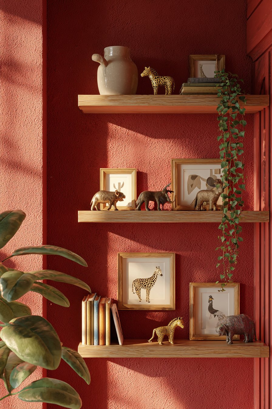 Terracotta Accent Wall with Floating Shelves