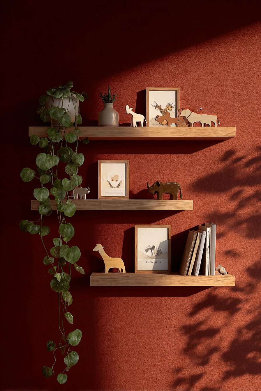 Terracotta Accent Wall with Floating Shelves