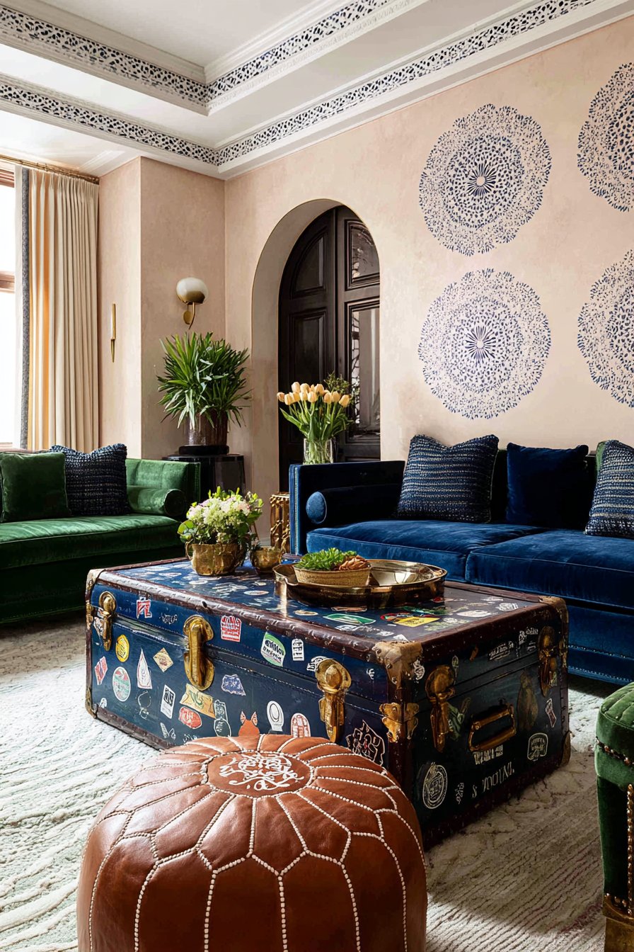 Jewel-Tone Velvet Sofas with Antique Trunk Table