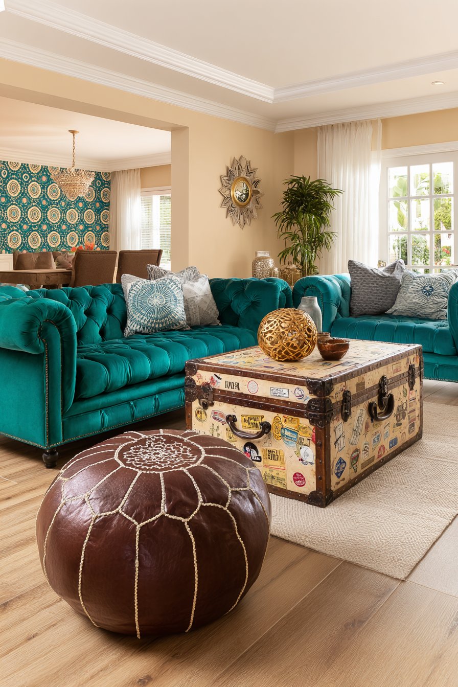 Jewel-Tone Velvet Sofas with Antique Trunk Table