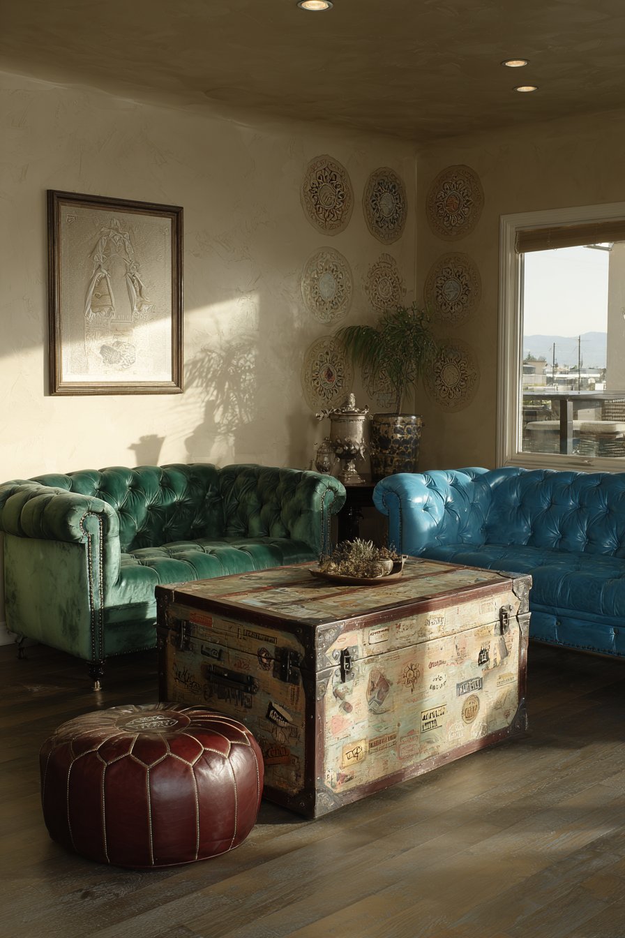 Jewel-Tone Velvet Sofas with Antique Trunk Table